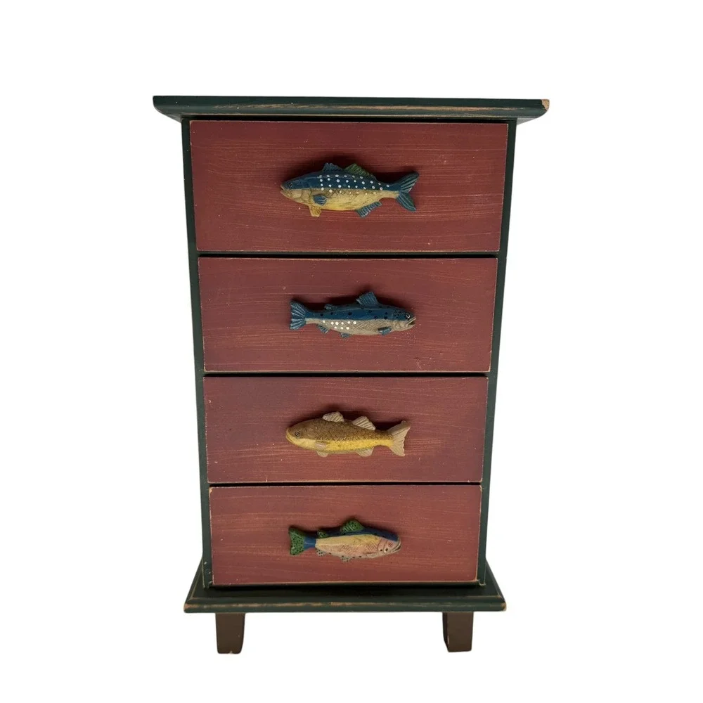Folk Art Wood Jewelry Box Fish Motif 4 Drawer Chest Green Burgundy Fishermancore